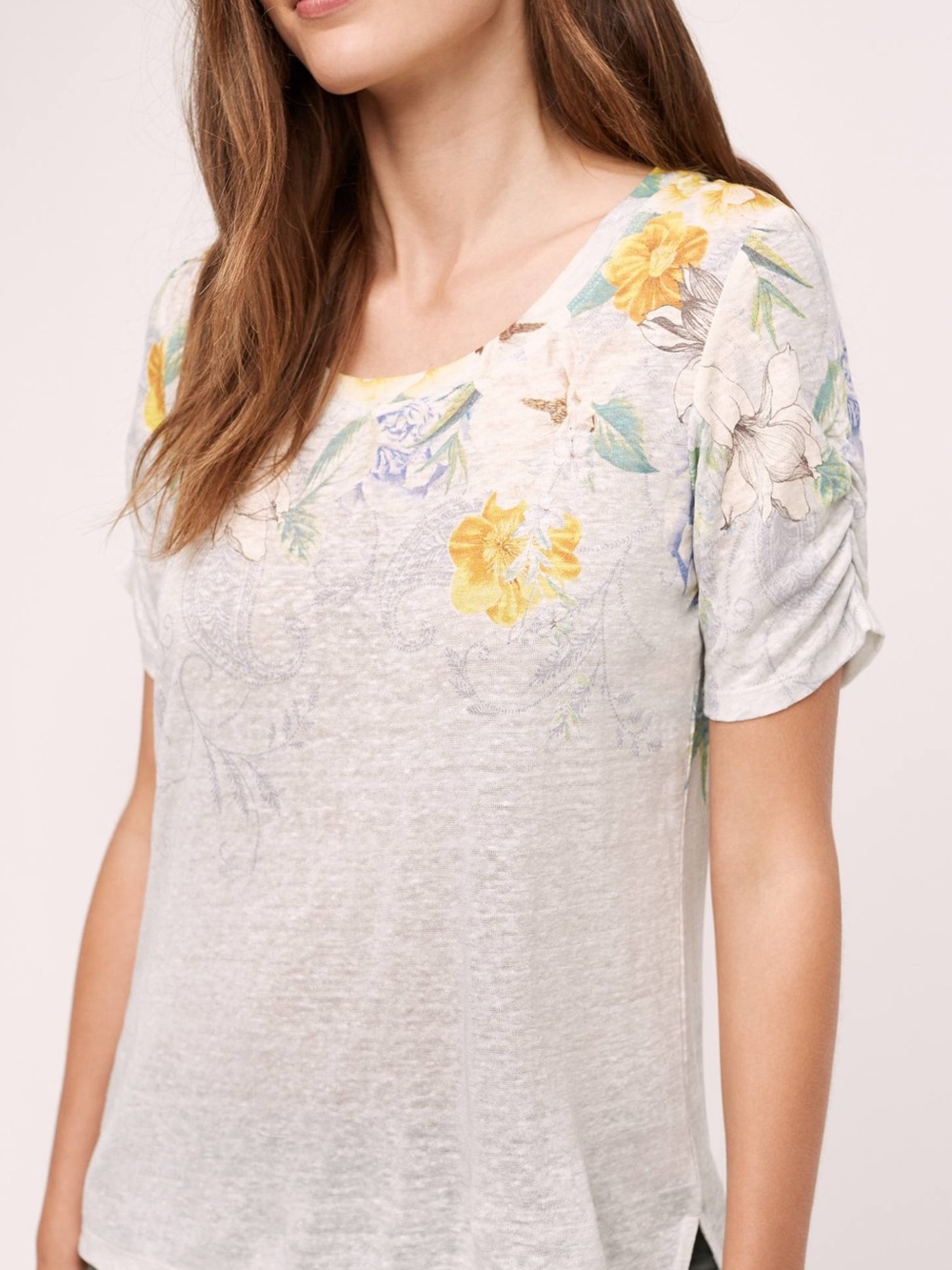 Anthropologie Light Gray Floral 100% Linen Short Sleeve Women's Top